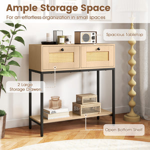 Rattan Console Table Boho Entryway Table with 2 Rattan Drawers and Open Storage Shelf-Oak