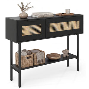 Rattan Console Table with 2 Storage Cabinets Shelf Carbon Steel Frame-Black