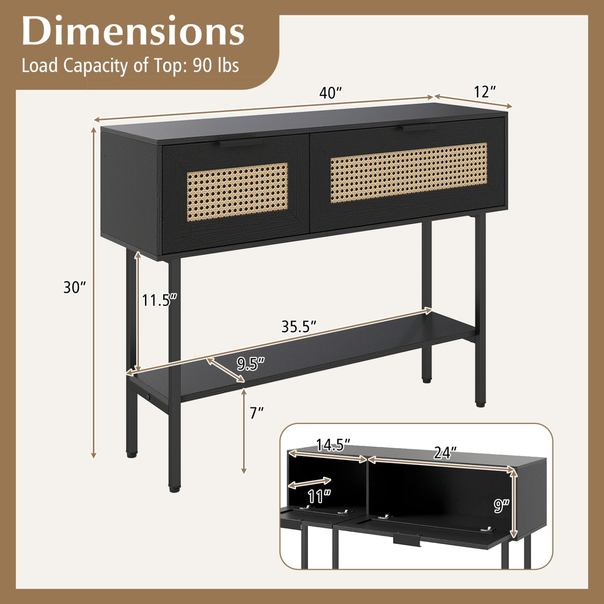 Rattan Console Table with 2 Storage Cabinets Shelf Carbon Steel Frame-Black