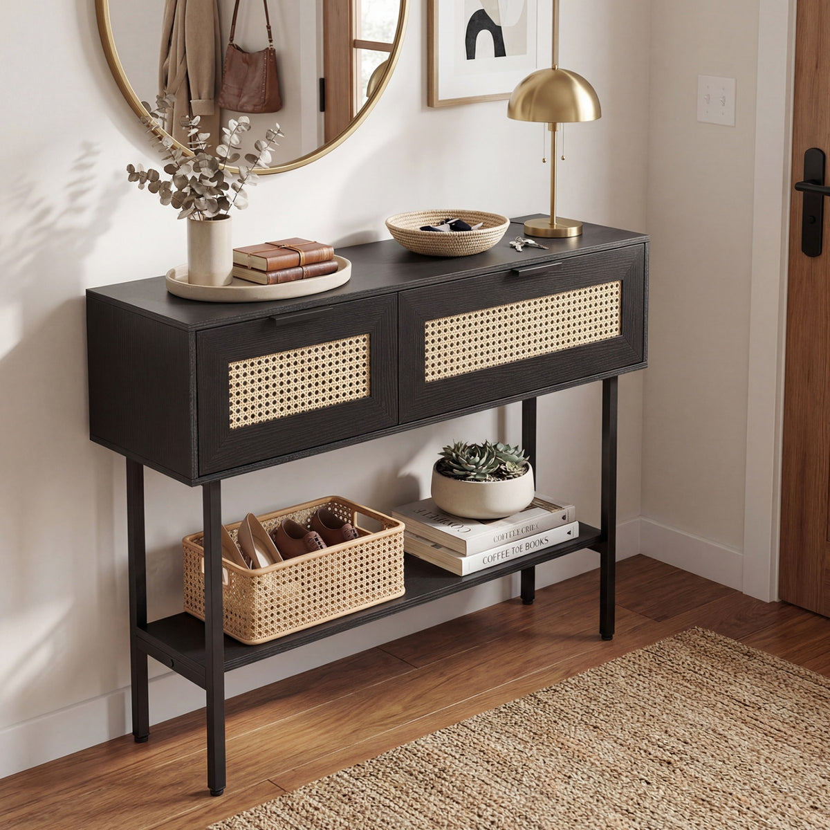 Rattan Console Table with 2 Storage Cabinets Shelf Carbon Steel Frame-Black
