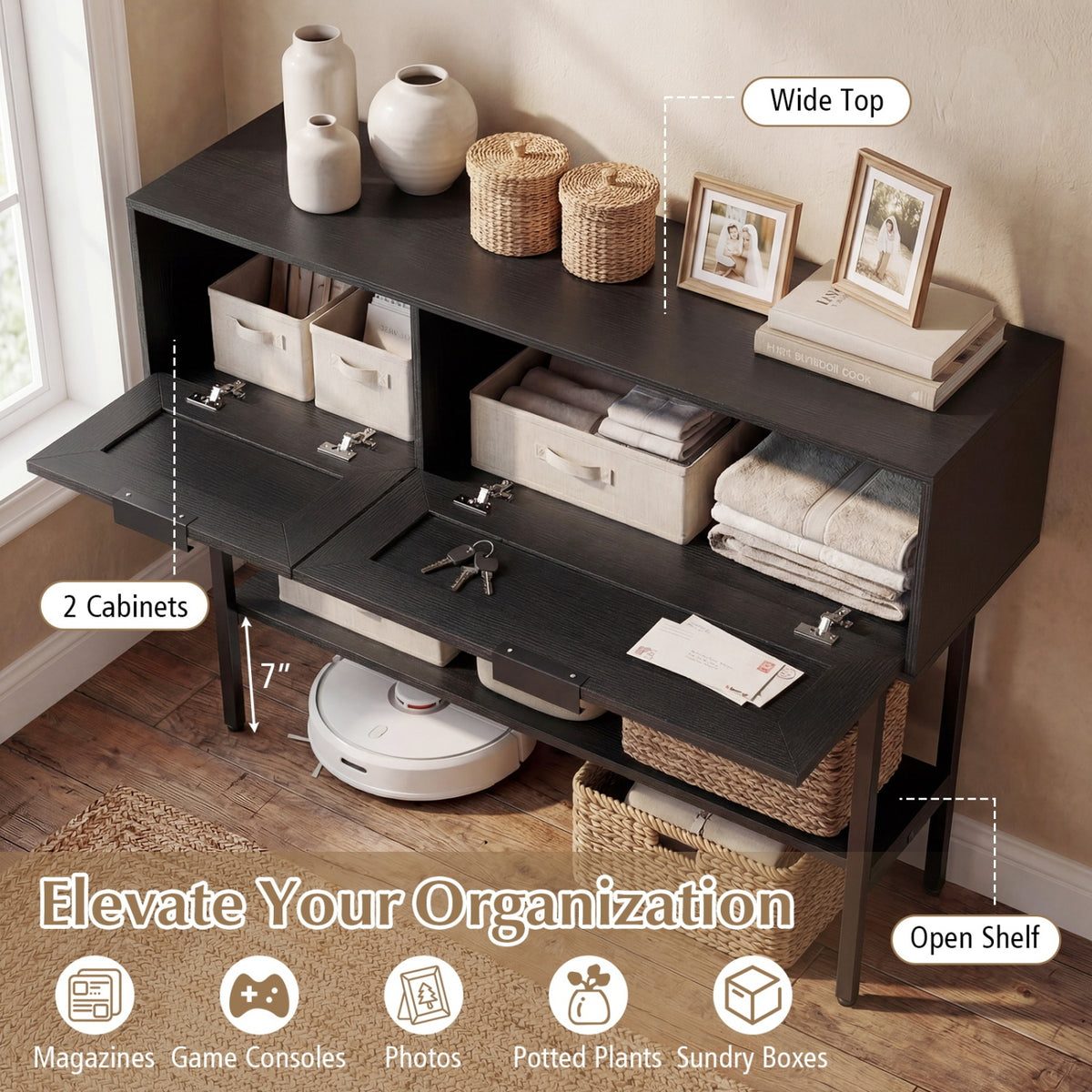 Rattan Console Table with 2 Storage Cabinets Shelf Carbon Steel Frame-Black