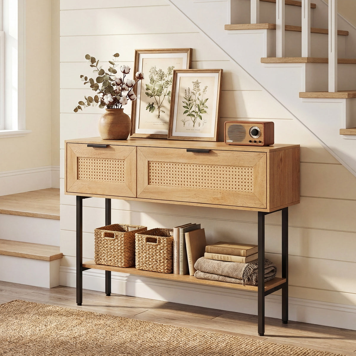 Rattan Console Table with 2 Storage Cabinets Shelf Carbon Steel Frame-Natural