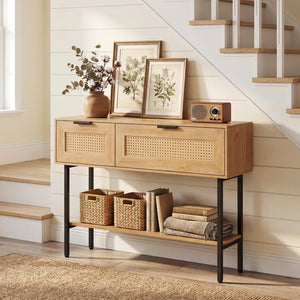 Rattan Console Table with 2 Storage Cabinets Shelf Carbon Steel Frame-Natural