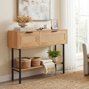 Rattan Console Table with 2 Storage Cabinets Shelf Carbon Steel Frame-Natural