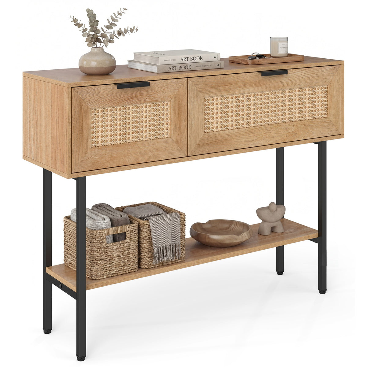 Rattan Console Table with 2 Storage Cabinets Shelf Carbon Steel Frame-Natural