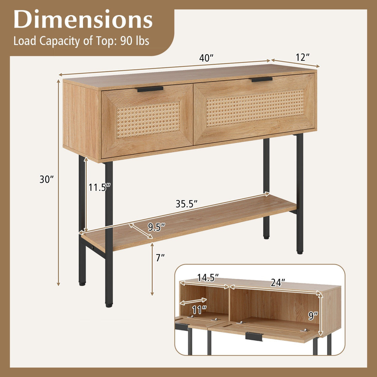 Rattan Console Table with 2 Storage Cabinets Shelf Carbon Steel Frame-Natural