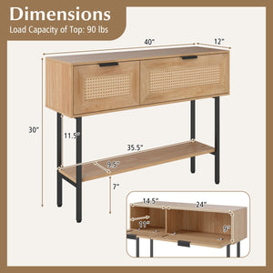 Rattan Console Table with 2 Storage Cabinets Shelf Carbon Steel Frame-Natural