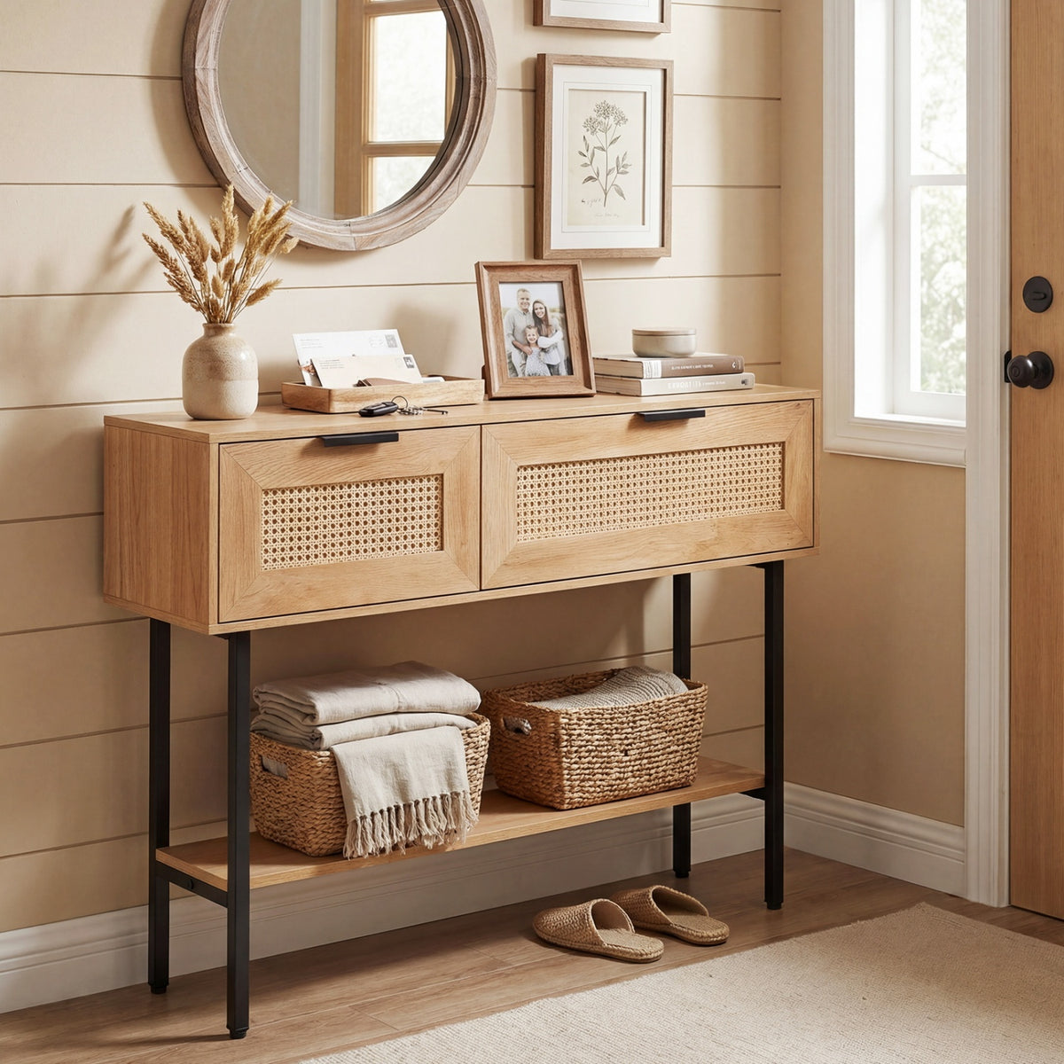 Rattan Console Table with 2 Storage Cabinets Shelf Carbon Steel Frame-Natural