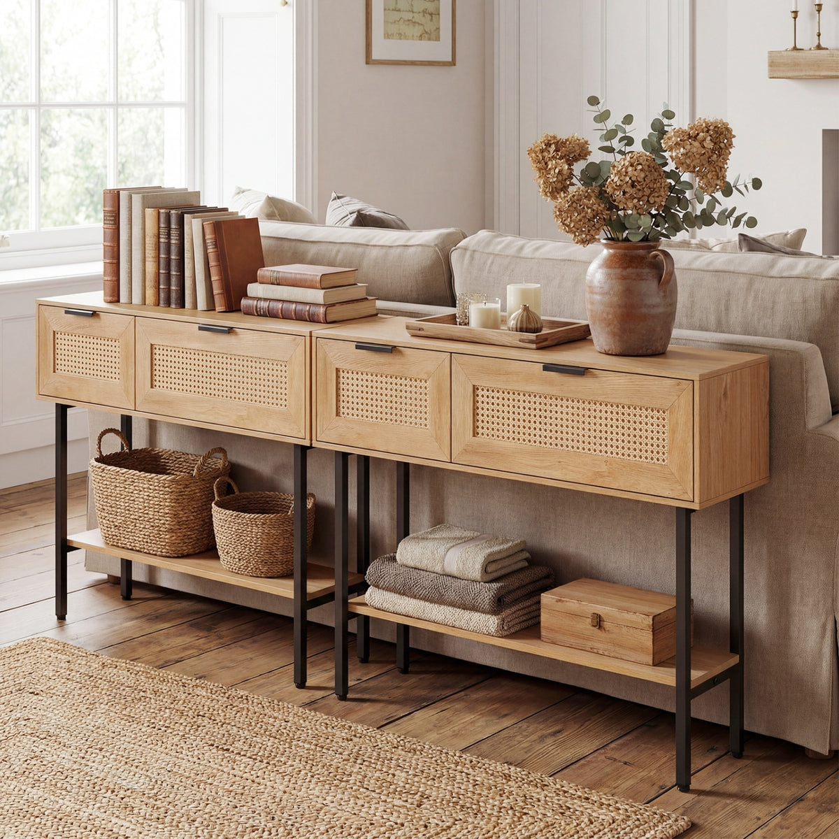 Rattan Console Table with 2 Storage Cabinets Shelf Carbon Steel Frame-Natural