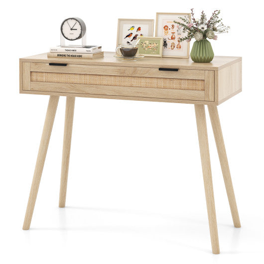 Rattan Console Table with Pull-out Drawer Boho Style Entryway Table-Natural
