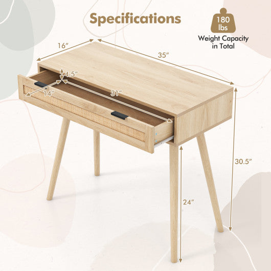 Rattan Console Table with Pull-out Drawer Boho Style Entryway Table-Natural