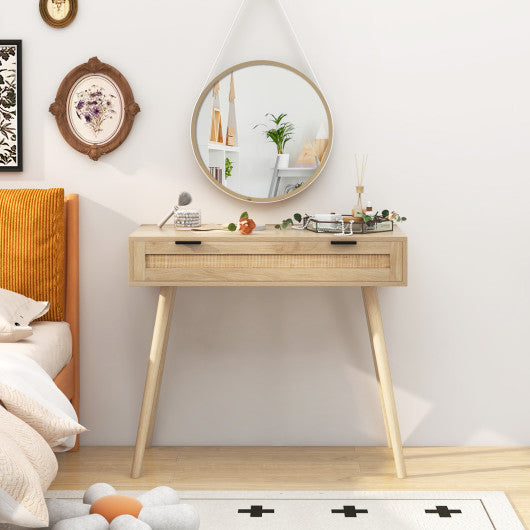 Rattan Console Table with Pull-out Drawer Boho Style Entryway Table-Natural
