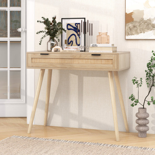 Rattan Console Table with Pull-out Drawer Boho Style Entryway Table-Natural