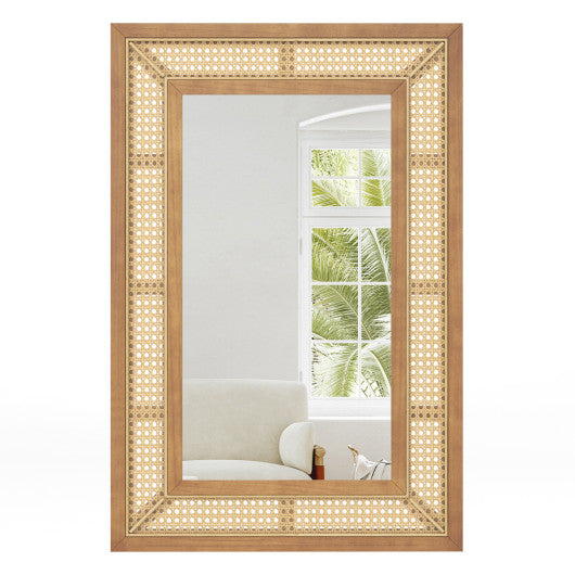 Rattan Decorative Wall Mirror with Wooden Frame for Bathroom and Living Room-Natural