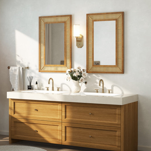 Rattan Decorative Wall Mirror with Wooden Frame for Bathroom and Living Room-Natural