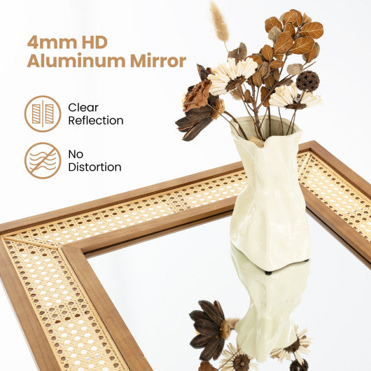 Rattan Decorative Wall Mirror with Wooden Frame for Bathroom and Living Room-Natural