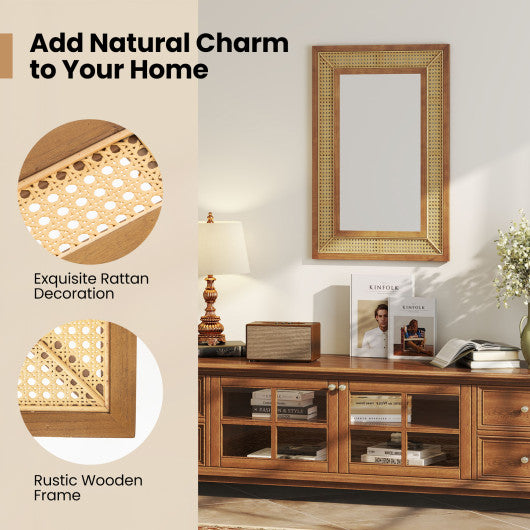 Rattan Decorative Wall Mirror with Wooden Frame for Bathroom and Living Room-Natural