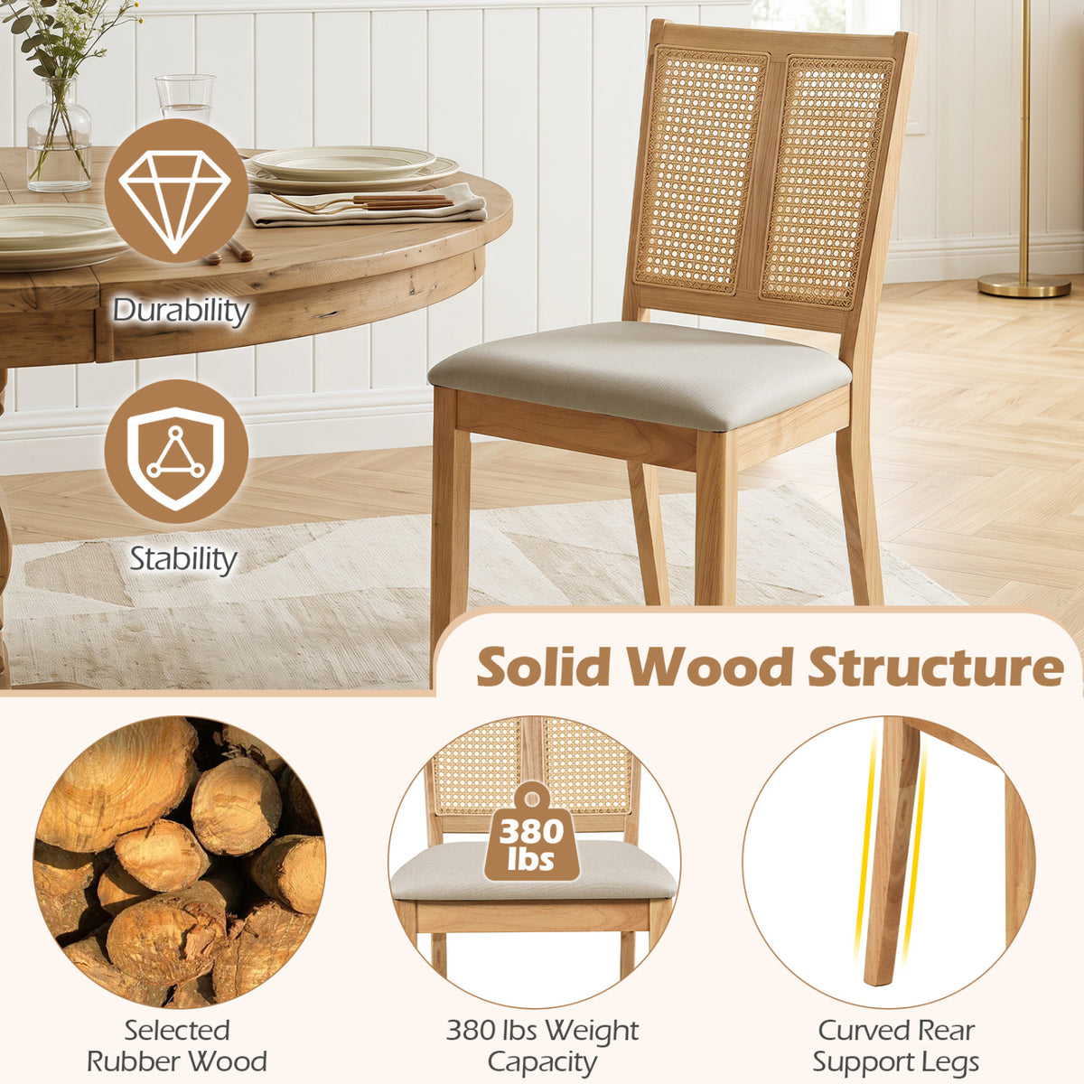 Rattan Dining Chairs Set of 2 with Curved Backrest & Padded Seat for Dining Room-Natural