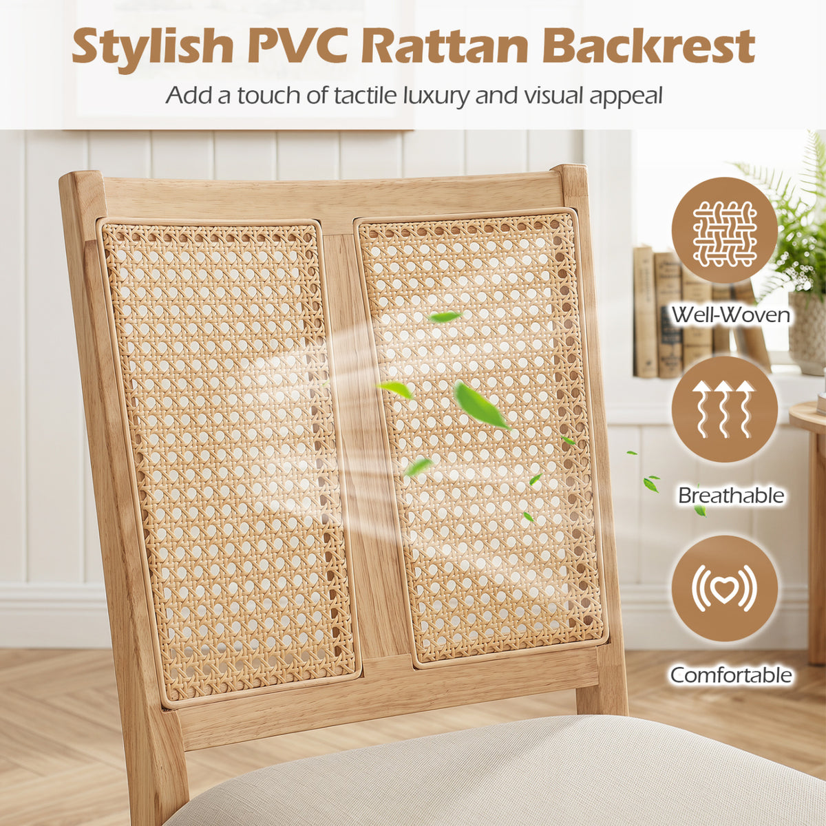 Rattan Dining Chairs Set of 4 with Curved Backrest & Padded Seat for Dining Room-Natural