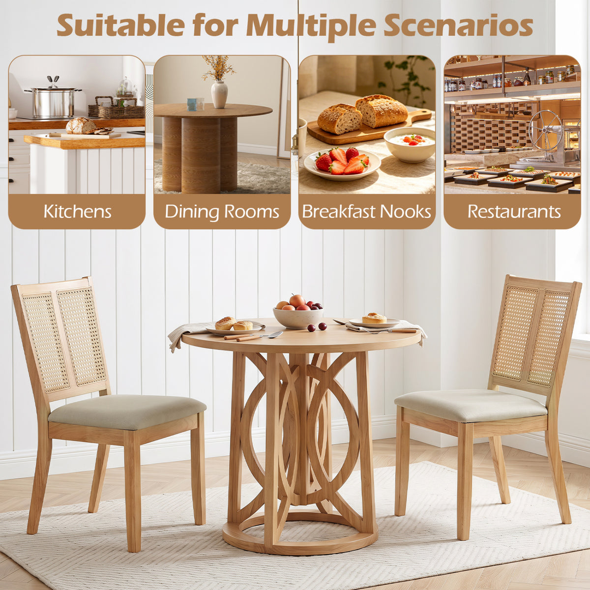Rattan Dining Chairs Set of 4 with Curved Backrest & Padded Seat for Dining Room-Natural