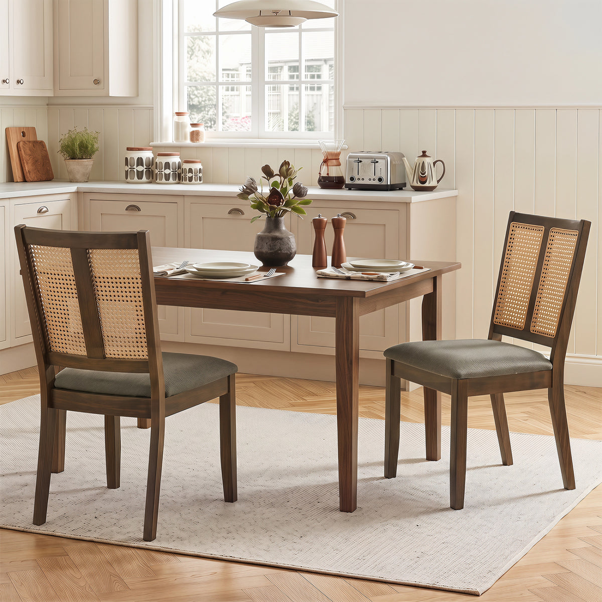 Rattan Dining Chairs Set of 2 with Curved Backrest & Padded Seat for Dining Room-Gray