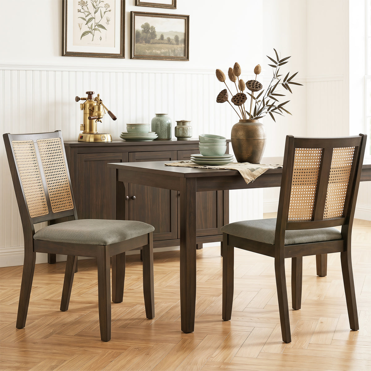 Rattan Dining Chairs Set of 2 with Curved Backrest & Padded Seat for Dining Room-Gray