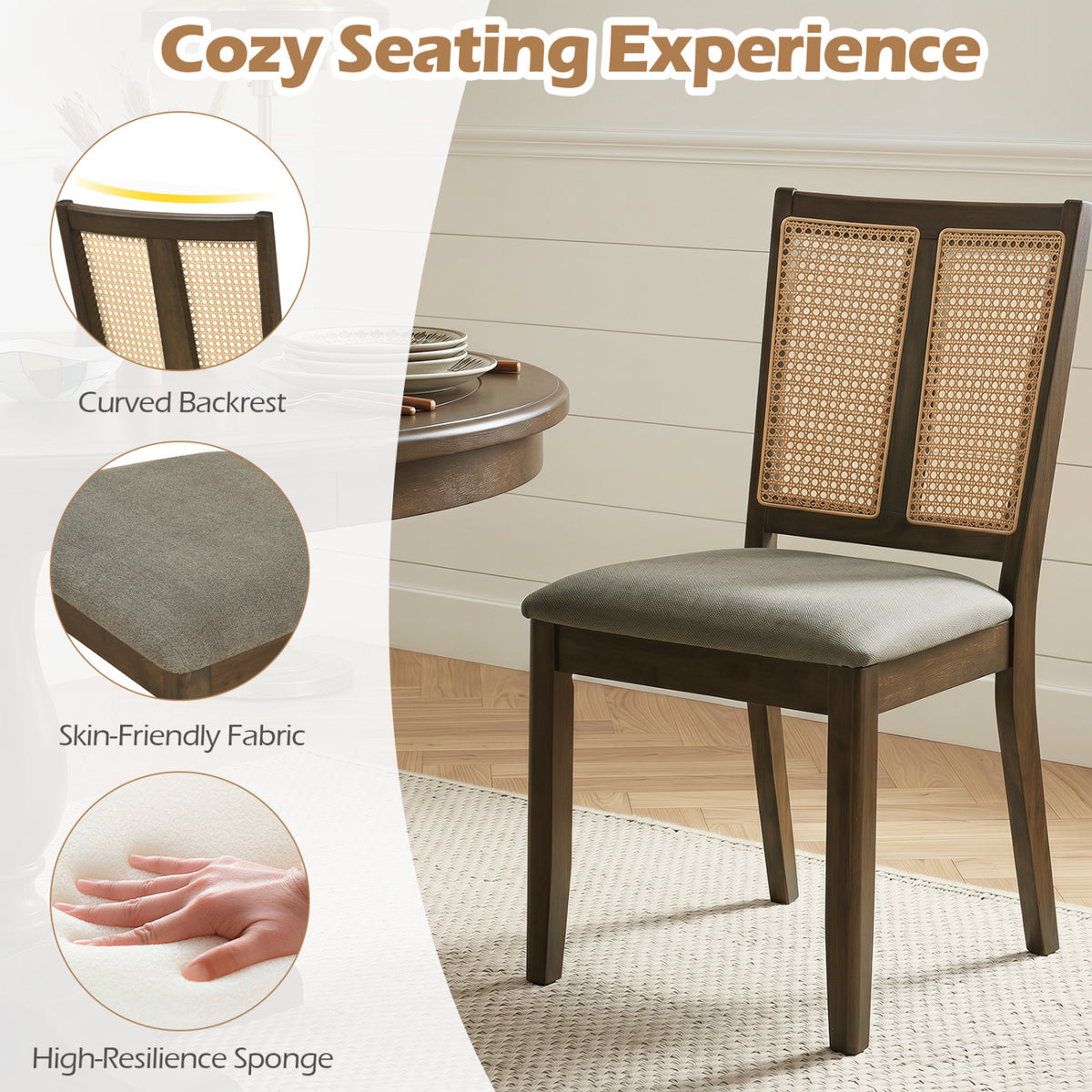 Rattan Dining Chairs Set of 2 with Curved Backrest & Padded Seat for Dining Room-Gray