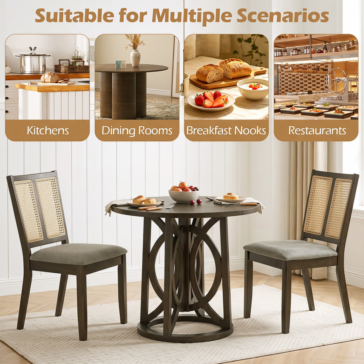 Rattan Dining Chairs Set of 2 with Curved Backrest & Padded Seat for Dining Room-Gray