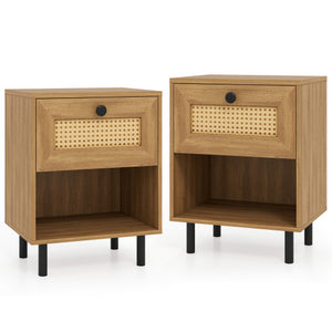 Rattan Nightstand Boho End Table with Rattan Drawer and Open Shelf Set of 2-Natural