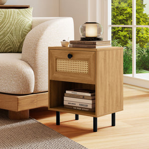 Rattan Nightstand Boho End Table with Rattan Drawer and Open Shelf Set of 2-Natural