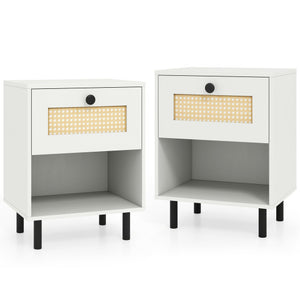 Rattan Nightstand Boho End Table with Rattan Drawer and Open Shelf Set of 2-White
