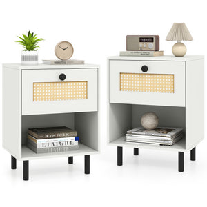 Rattan Nightstand Boho End Table with Rattan Drawer and Open Shelf Set of 2-White