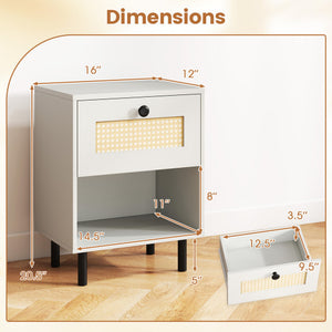 Rattan Nightstand Boho End Table with Rattan Drawer and Open Shelf Set of 2-White