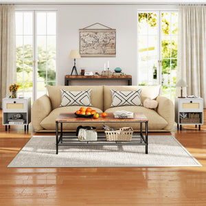 Rattan Nightstand Boho End Table with Rattan Drawer and Open Shelf-White