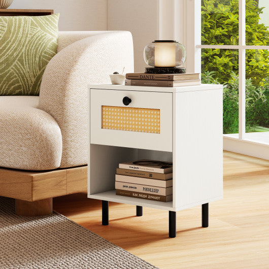 Rattan Nightstand Boho End Table with Rattan Drawer and Open Shelf-White