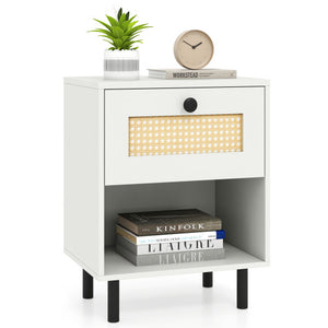 Rattan Nightstand Boho End Table with Rattan Drawer and Open Shelf-White