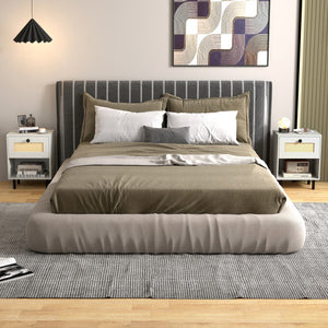 Rattan Nightstand Boho End Table with Rattan Drawer and Open Shelf-White