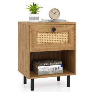 Rattan Nightstand Boho End Table with Rattan Drawer and Open Shelf-Natural