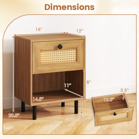 Rattan Nightstand Boho End Table with Rattan Drawer and Open Shelf-Natural