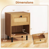 Rattan Nightstand Boho End Table with Rattan Drawer and Open Shelf-Natural