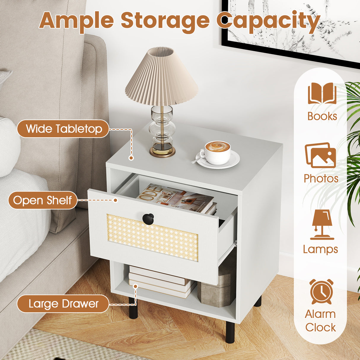 Rattan Nightstand Boho End Table with Rattan Drawer and Open Shelf Set of 2-White