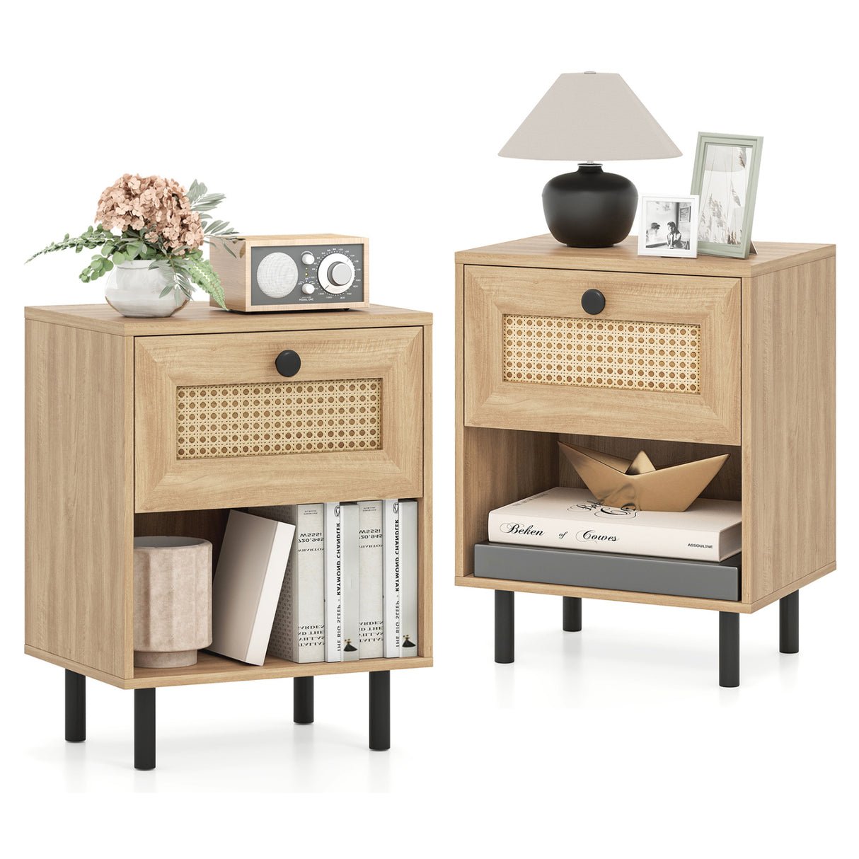 Rattan Nightstand Boho End Table with Rattan Drawer and Open Shelf Set of 2-Natural
