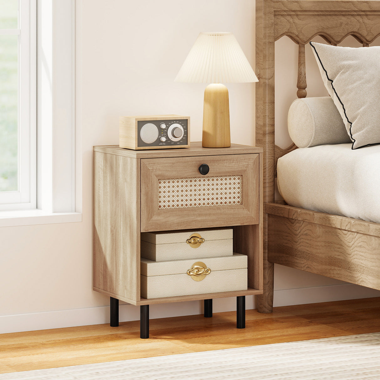 Rattan Nightstand Boho End Table with Rattan Drawer and Open Shelf Set of 2-Natural