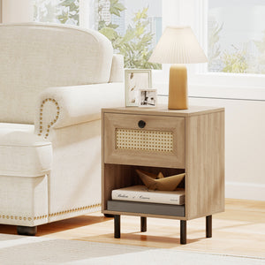 Rattan Nightstand Boho End Table with Rattan Drawer and Open Shelf Set of 2-Natural