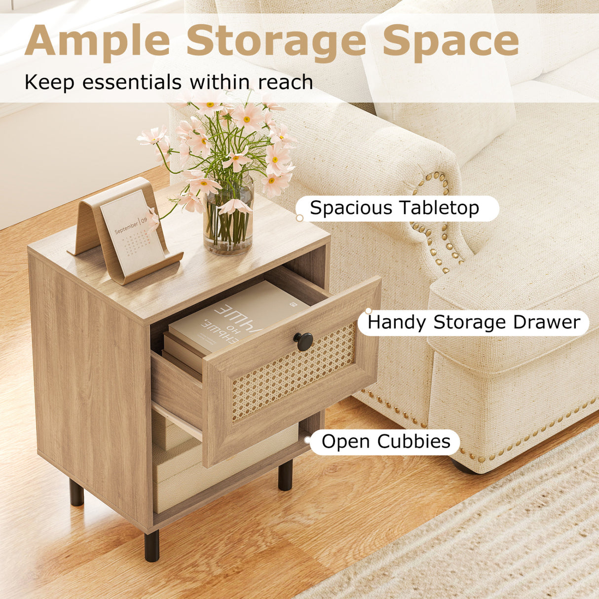 Rattan Nightstand Boho End Table with Rattan Drawer and Open Shelf Set of 2-Natural