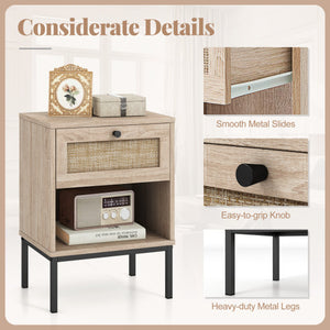 Rattan Nightstand Boho End Table with Rattan Drawer and Open Shelf Set of 2-Oak