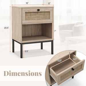 Rattan Nightstand Boho End Table with Rattan Drawer and Open Shelf Set of 2-Oak
