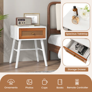 Rattan Nightstand Mid Century Modern Accent Table with Drawer-White