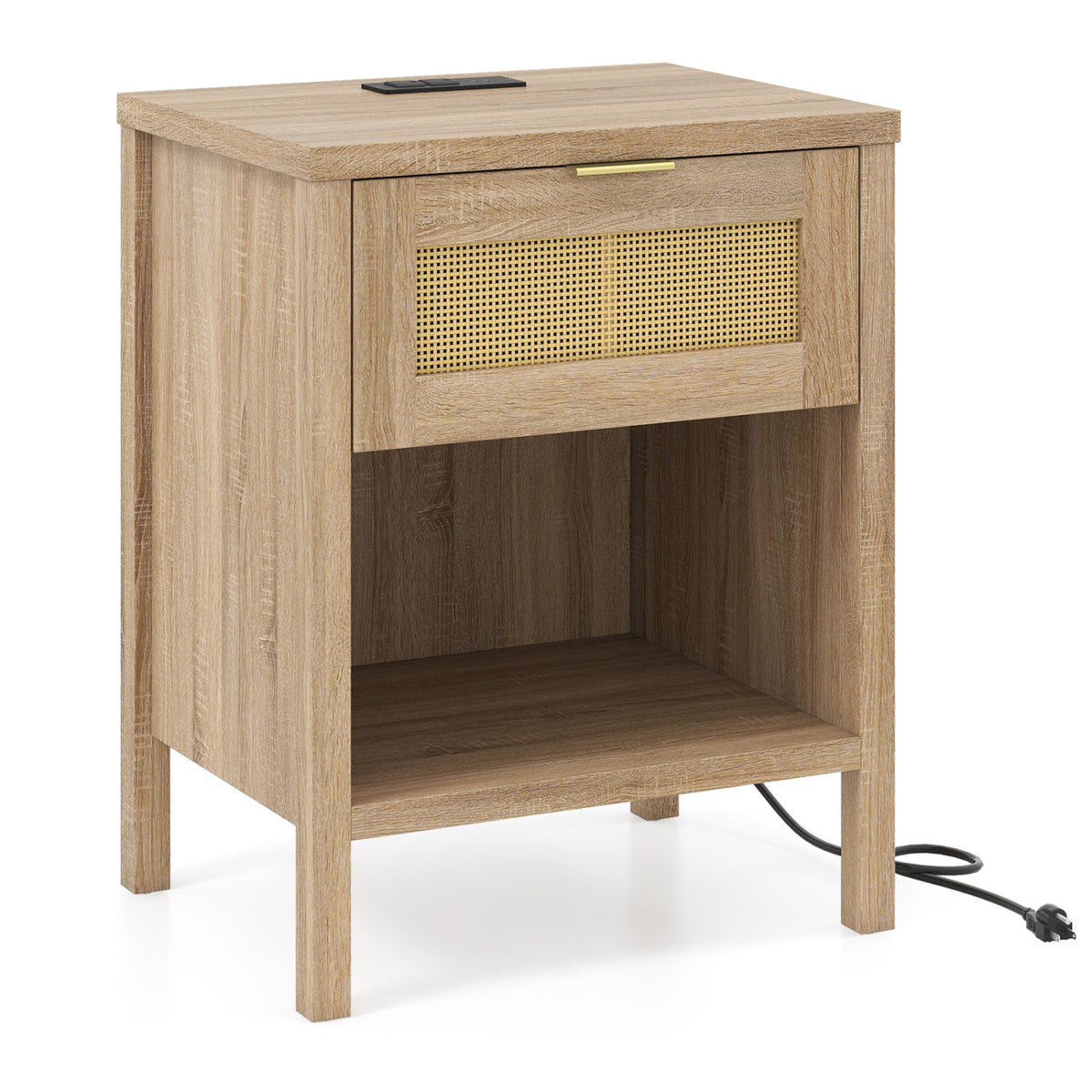 Rattan Nightstand with Charging Station and Storage Shelf for Bedroom-Oak
