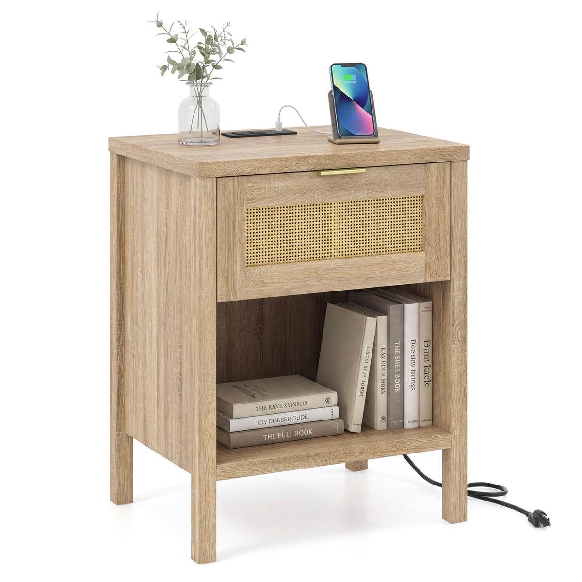 Rattan Nightstand with Charging Station and Storage Shelf for Bedroom-Oak